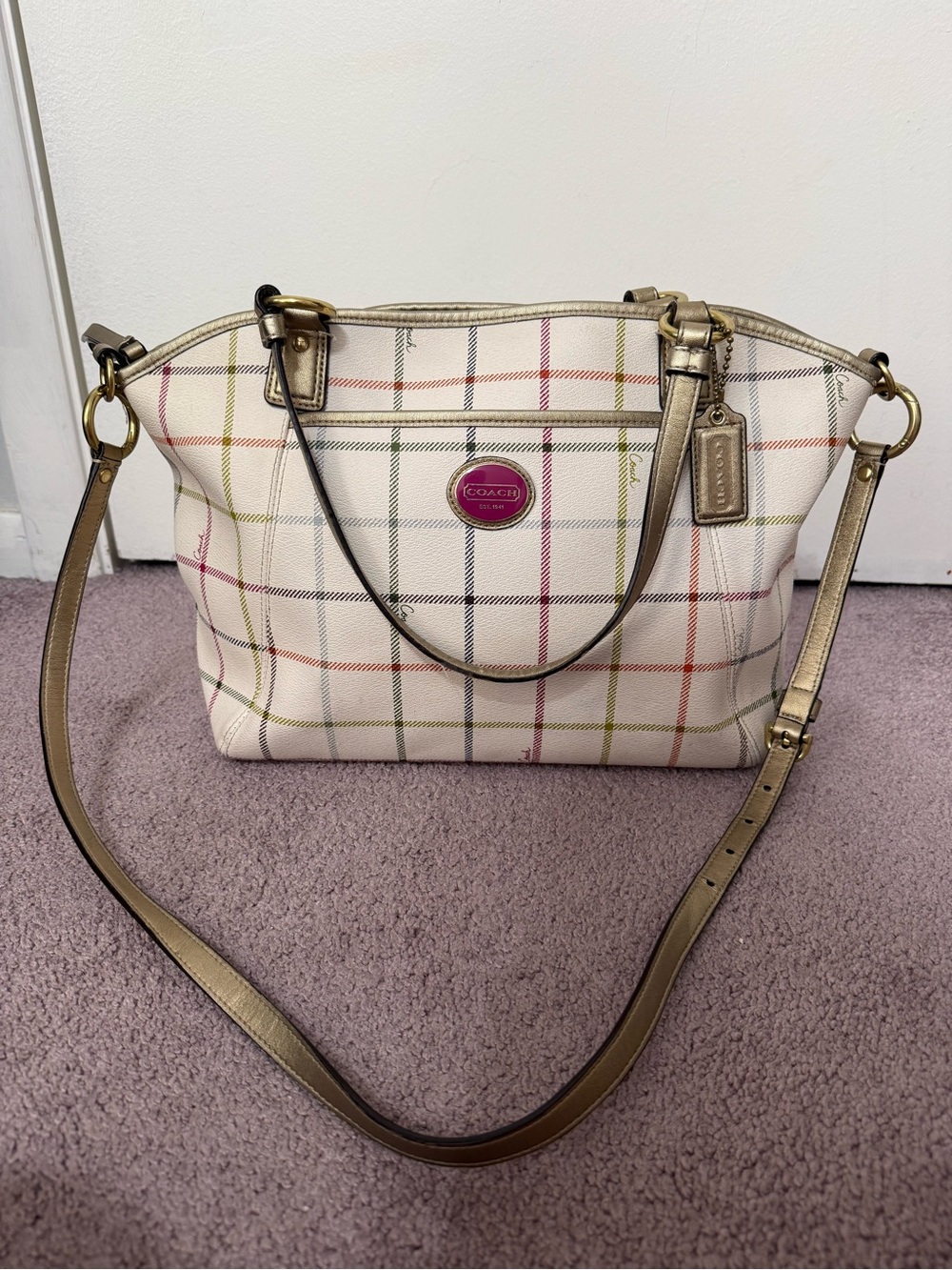 Coach Vintage Peyton Tattersall Tote cream and plaid design with gold detailing